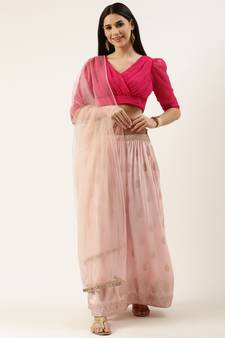 EthnoVog Ready To Wear Pink Jacquard Gathered Style Lehenga Set