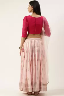 EthnoVog Ready To Wear Pink Jacquard Gathered Style Lehenga Set