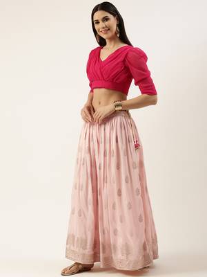 EthnoVog Ready To Wear Pink Jacquard Gathered Style Lehenga Set 3