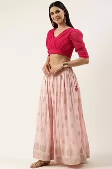 EthnoVog Ready To Wear Pink Jacquard Gathered Style Lehenga Set