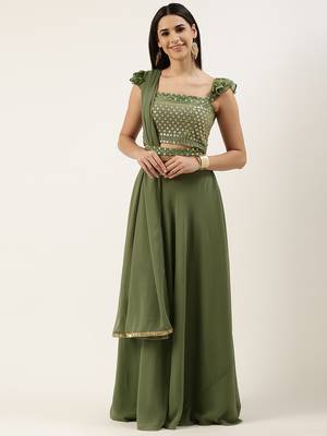 EthnoVog Ready To Wear Green Embroidered Georgette Lehenga Set 1