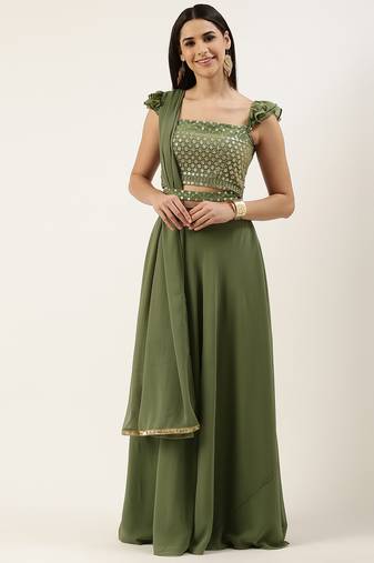 EthnoVog Ready To Wear Green Embroidered Georgette Lehenga Set