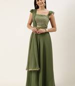 EthnoVog Ready To Wear Green Embroidered Georgette Lehenga Set