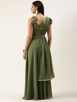 EthnoVog Ready To Wear Green Embroidered Georgette Lehenga Set 2