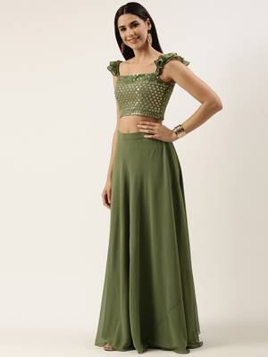 EthnoVog Ready To Wear Green Embroidered Georgette Lehenga Set 3