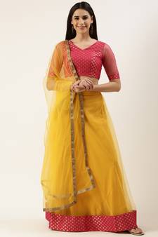 EthnoVog Ready To Wear Pink Jacquard Art Silk N Yellow Net Lehenga Set