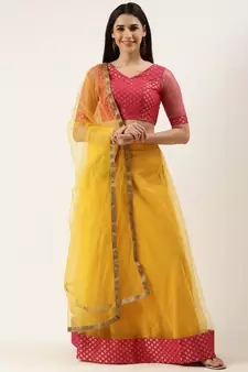 EthnoVog Ready To Wear Pink Jacquard Art Silk N Yellow Net Lehenga Set