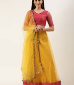 EthnoVog Ready To Wear Pink Jacquard Art Silk N Yellow Net Lehenga Set