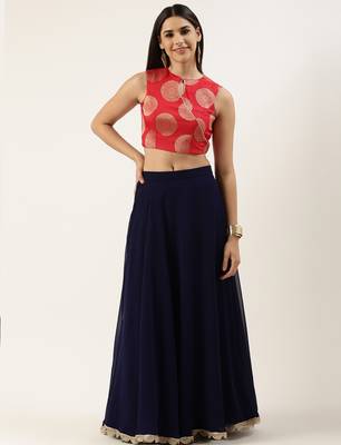 EthnoVog Ready To Wear Red Art Slik Embroidered Crop Top N Skirt 1