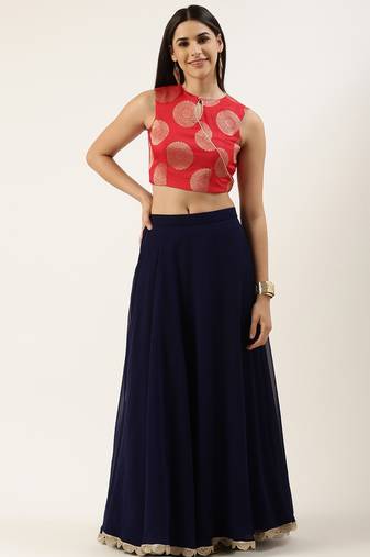 EthnoVog Ready To Wear Red Art Slik Embroidered Crop Top N Skirt
