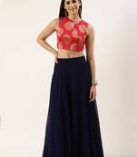EthnoVog Ready To Wear Red Art Slik Embroidered Crop Top N Skirt