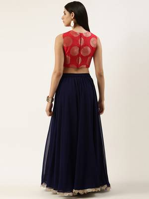 EthnoVog Ready To Wear Red Art Slik Embroidered Crop Top N Skirt 2