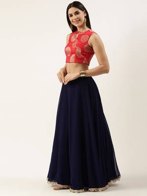 EthnoVog Ready To Wear Red Art Slik Embroidered Crop Top N Skirt 3