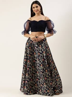 EthnoVog Ready To Wear Blue Crop Top N Jacquard Skirt Set 1