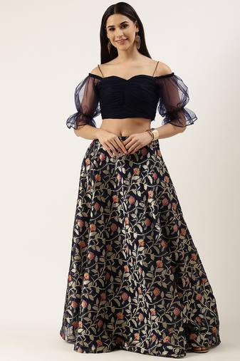 EthnoVog Ready To Wear Blue Crop Top N Jacquard Skirt Set