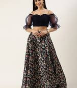EthnoVog Ready To Wear Blue Crop Top N Jacquard Skirt Set
