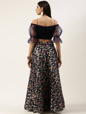 EthnoVog Ready To Wear Blue Crop Top N Jacquard Skirt Set 2