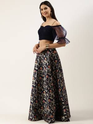 EthnoVog Ready To Wear Blue Crop Top N Jacquard Skirt Set 3
