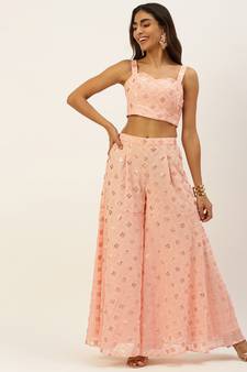 EthnoVog Ready To Wear Peach Georgette Embroidered Crop Top N Gharara Set