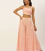 EthnoVog Ready To Wear Peach Georgette Embroidered Crop Top N Gharara Set