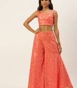 EthnoVog Ready To Wear Peach Georgette Embroidered Crop Top N Gharara Set