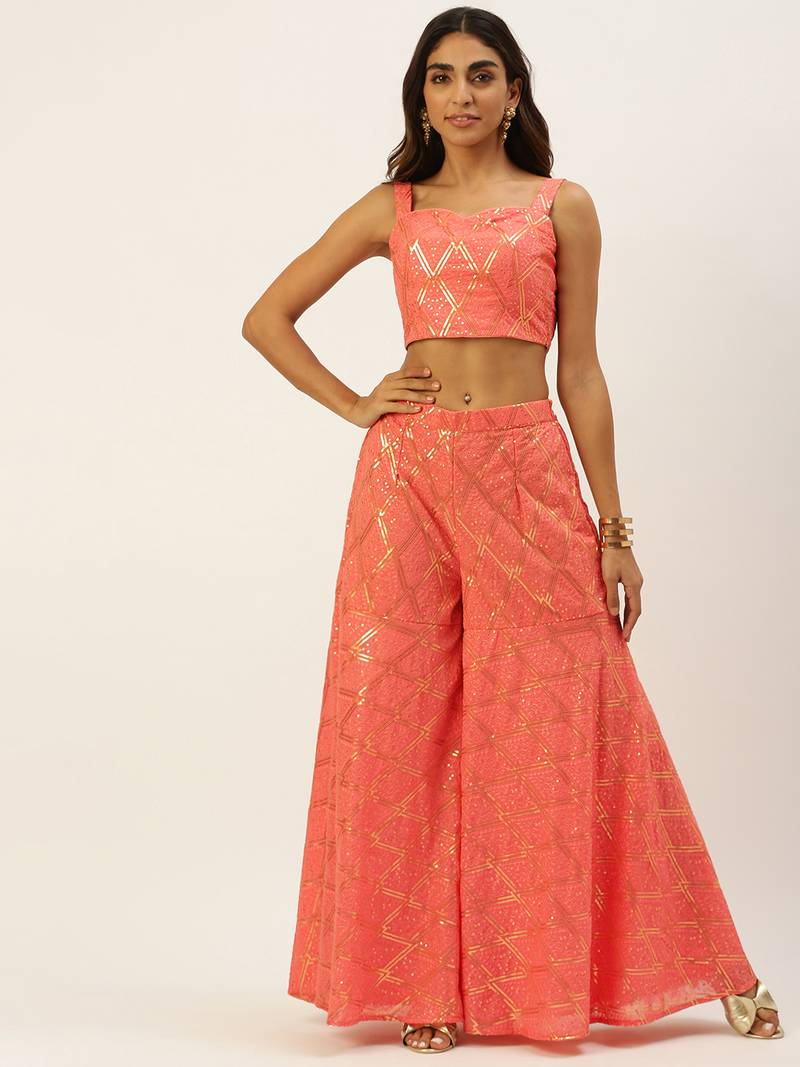 EthnoVog Ready To Wear Peach Georgette Embroidered Crop Top N Gharara Set