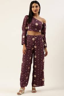 EthnoVog Ready To Wear Magenta Georgette Embroidered Co-ords Set