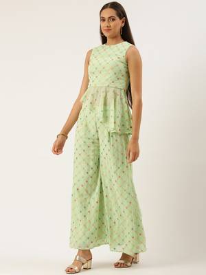 EthnoVog Ready To Wear Green Embroidered Georgette Palazzo sets 3