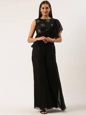 EthnoVog Ready To Wear Black Chinnon Embroidered  Palazzo Set 1