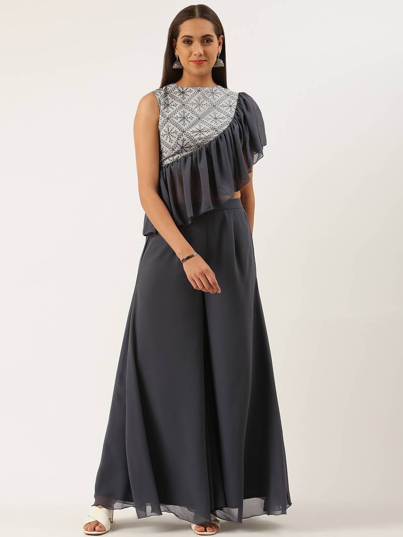 EthnoVog Ready To Wear Grey Georgette Embroidered Palazzo Set