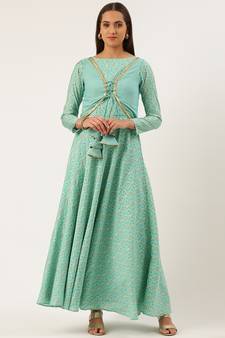 EthnoVog Ready To Wear Blue Printed Jacket Anarkali Suit
