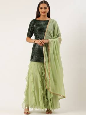 EthnoVog Ready To Wear Green Cascade Ruffled Gharara Suit Set 1