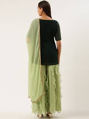 EthnoVog Ready To Wear Green Cascade Ruffled Gharara Suit Set 2
