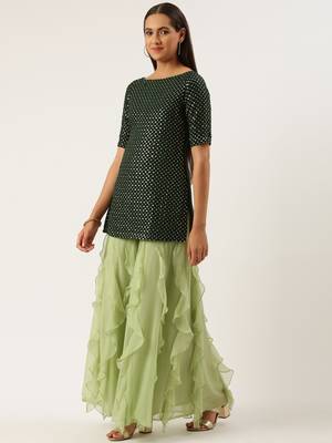 EthnoVog Ready To Wear Green Cascade Ruffled Gharara Suit Set 3