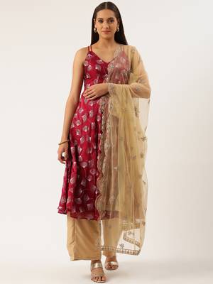 EthnoVog Ready To Wear Beige N Maroon Foil Printed Anarkali Set 1