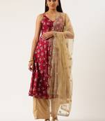 EthnoVog Ready To Wear Beige N Maroon Foil Printed Anarkali Set