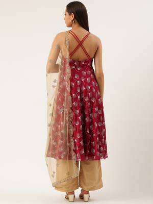 EthnoVog Ready To Wear Beige N Maroon Foil Printed Anarkali Set 2