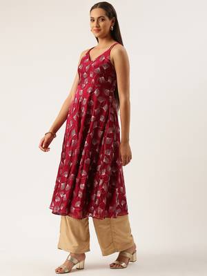 EthnoVog Ready To Wear Beige N Maroon Foil Printed Anarkali Set 3