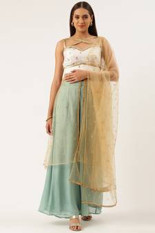 EthnoVog Ready To Wear White Embroidered N Blue Chinon Palazzo Suit Set