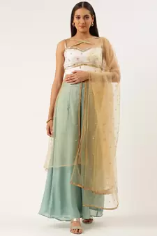 EthnoVog Ready To Wear White Embroidered N Blue Chinon Palazzo Suit Set