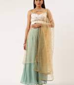 EthnoVog Ready To Wear White Embroidered N Blue Chinon Palazzo Suit Set