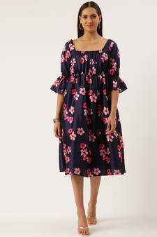 EthnoVog Ready To Wear Blue Printed Art Silk Dress