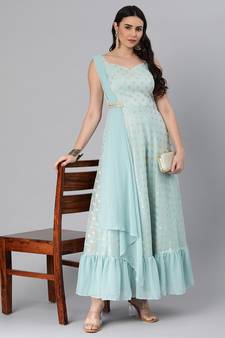 EthnoVog Ready To Wear Sky Blue Organza Jacquard N Green Georgette Dress
