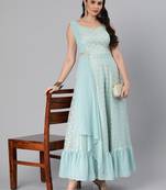 EthnoVog Ready To Wear Sky Blue Organza Jacquard N Green Georgette Dress