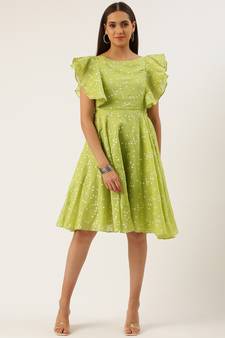 EthnoVog Ready To Wear Green Blended Cotton Foil Printed Ruffled Dress