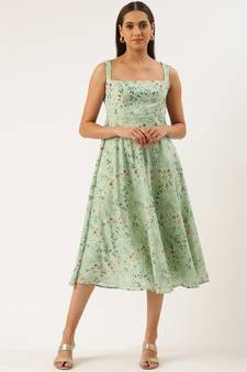 EthnoVog Ready To Wear Digital Printed Green Muslin Maxi Dress