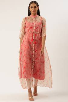 EthnoVog Ready To Wear Beige Printed Organza Jacket Style Dress