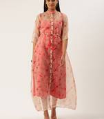 EthnoVog Ready To Wear Beige Printed Organza Jacket Style Dress