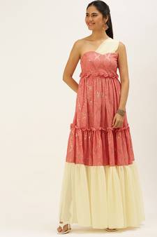 EthnoVog Ready To Wear Peach N White Embroidered Tiered Maxi Dress