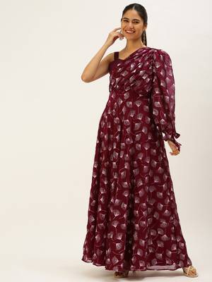 EthnoVog Ready To Wear Maroon Foil Printed Maxi Dress 1